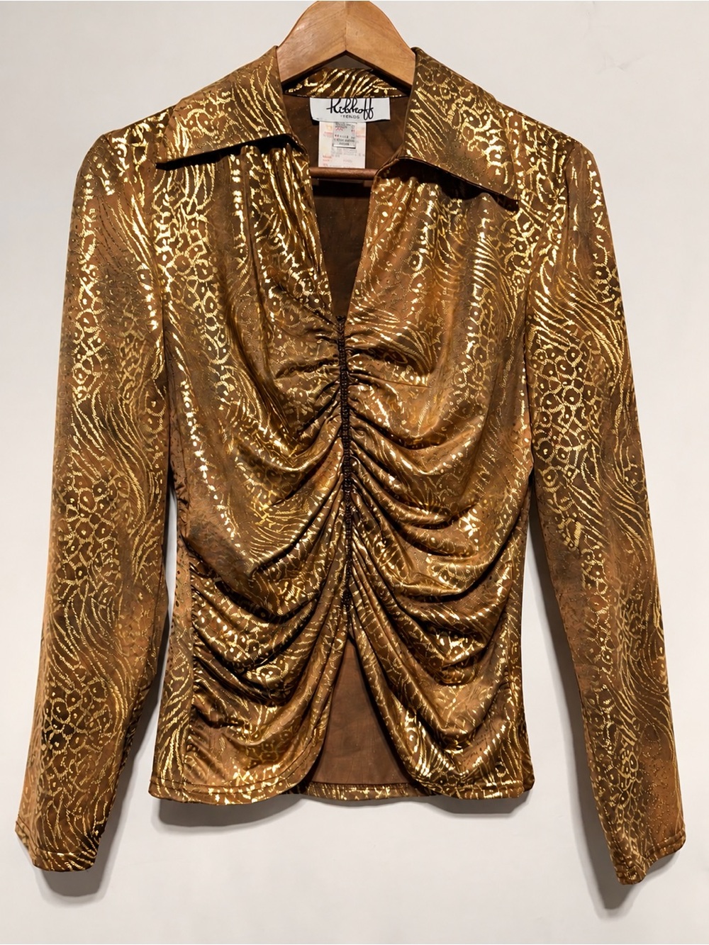Vintage Ribkoff Trends Gold Metallic Ruched Rhinestone Party Top Size 8